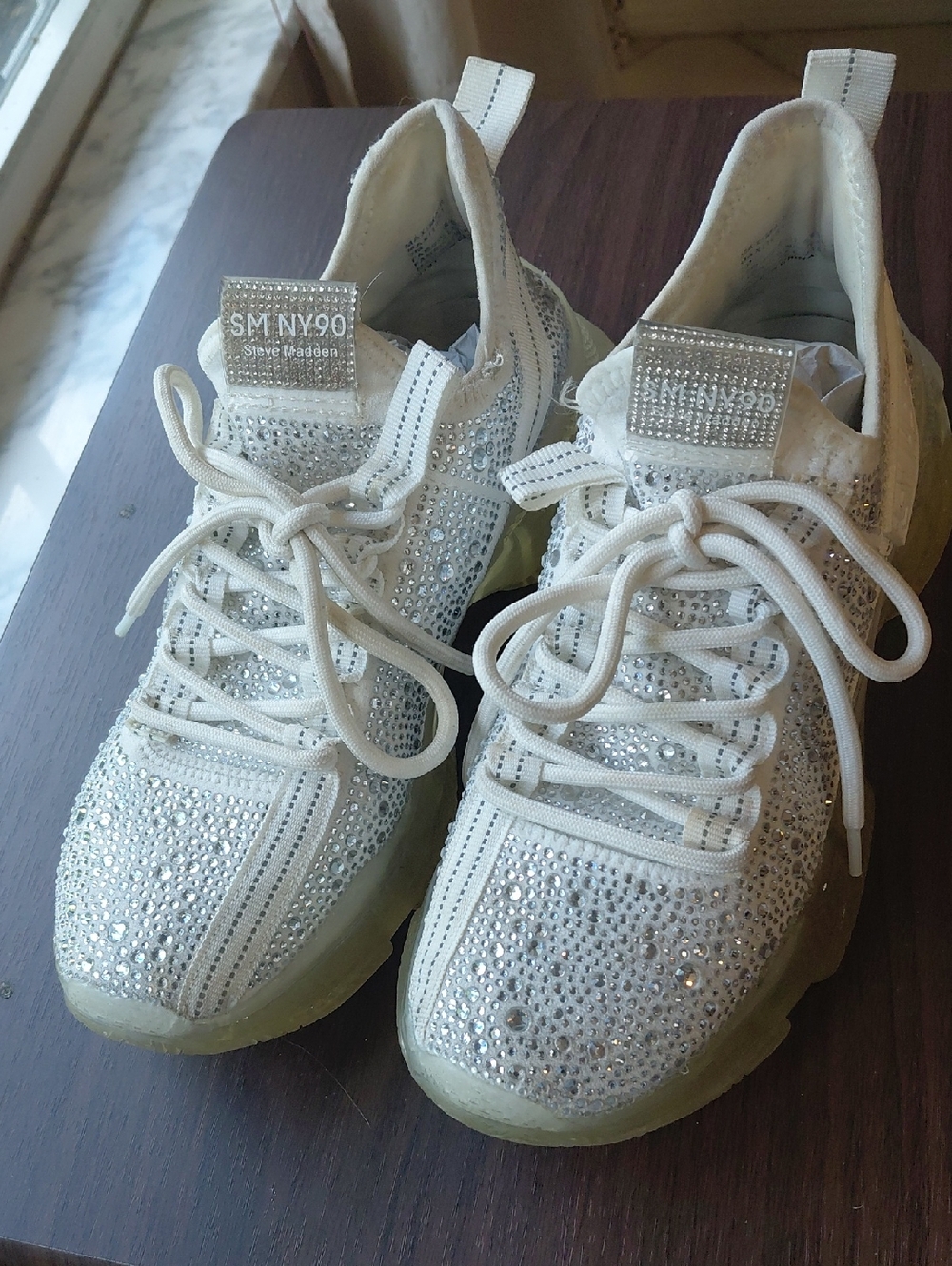 Steve Madden White Crystal Lace-Up Chunky Sneakers